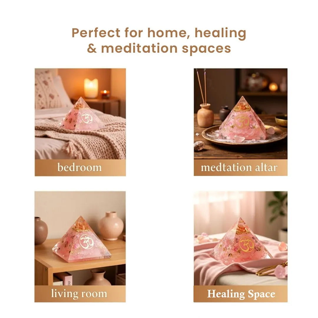 Prem Om Pyramid (Rose Quartz Om Orgone Crystal Pyramid)
