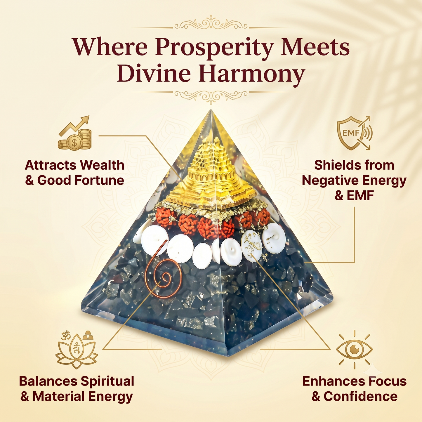Kuber Shri Yantra Pyramid (Pyrite Shri Yantra Orgone Pyramid)
