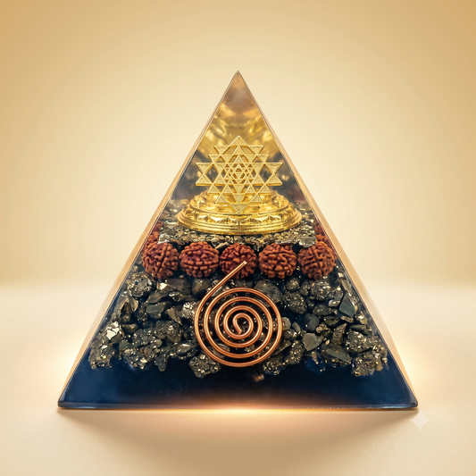 Kuber Shri Yantra Pyramid (Pyrite Shri Yantra Orgone Pyramid)