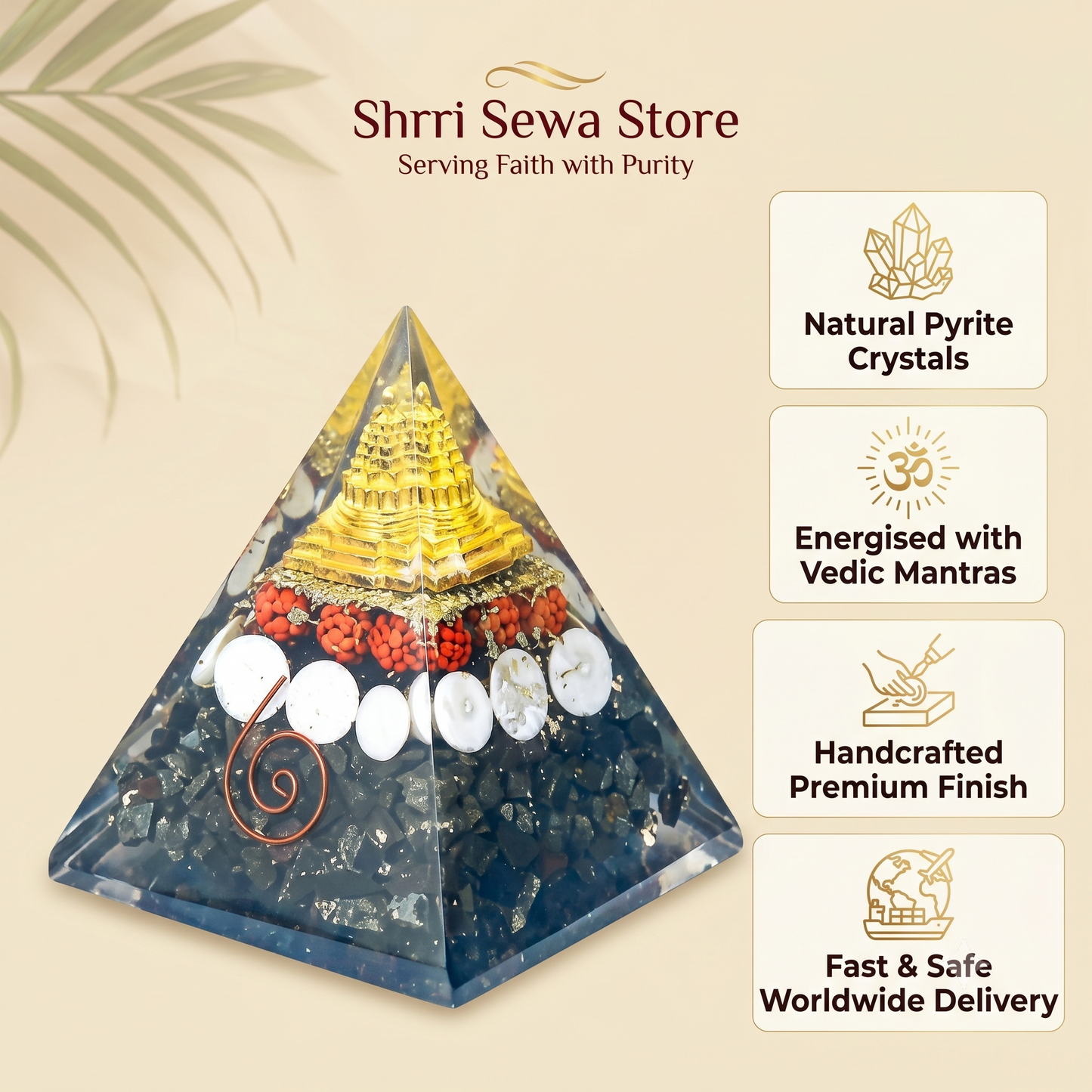 Kuber Shri Yantra Pyramid (Pyrite Shri Yantra Orgone Pyramid)