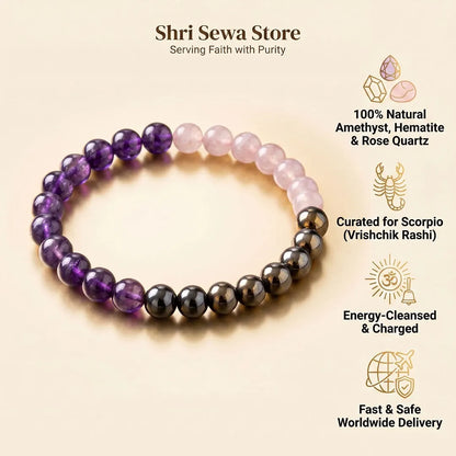 Vrishchik Rashi Kavach (Scorpio: Amethyst·Hematite·Rose Quartz)