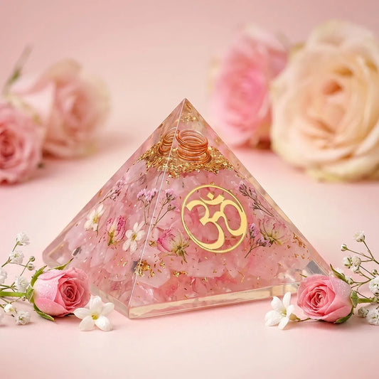 Prem Om Pyramid (Rose Quartz Om Orgone Crystal Pyramid)